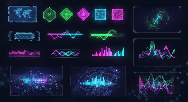 Futuristic digital interface elements showcasing data visualization, audio waveforms, and abstract geometric shapes in neon colors against a dark background.