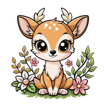 Cute Baby Deer Fawn Sitting in Forest Flowers in Soft Natural Light