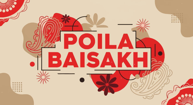 Poila Baisakh celebration graphic with traditional motifs and festive colors.