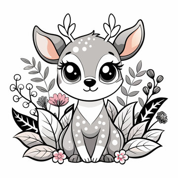 Cute Baby Deer Fawn Sitting in Forest Flowers in Soft Natural Light