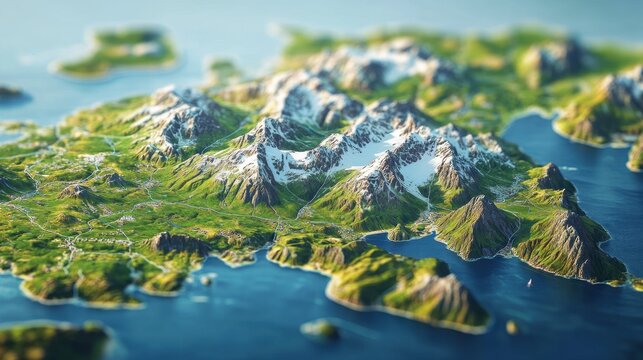 Model 3D miniaturowej wyspy z zielonymi g&oacute;rami, zaśnieżonymi szczytami i lazurową wodą, widok z lotu ptaka.