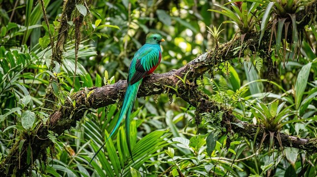 Resplendent Quetzal Perched in a Lush Tropical Rainforest, Showcasing its Vibrant Green and Red Plumage in a Natural Habitat