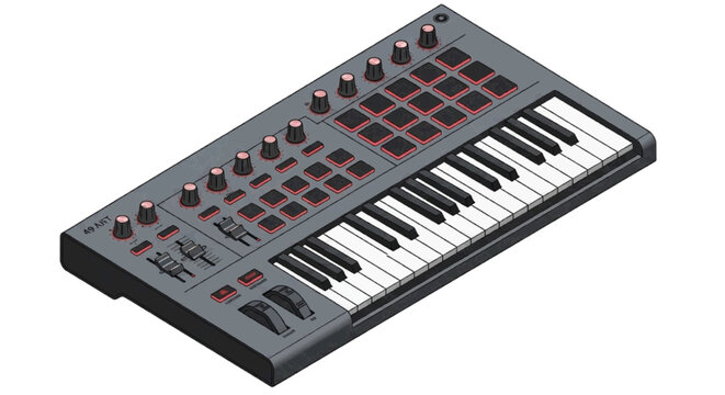 Vector illustration of modern midi keyboard controller with drum pads and knobs for music production on transparence background