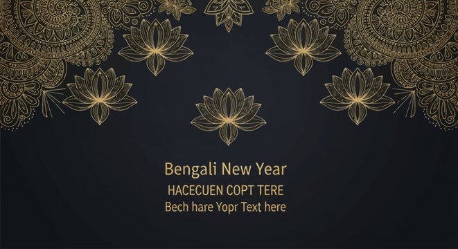 A decorative dark background with golden lotus flowers and traditional patterns, celebrating Bengali New Year.