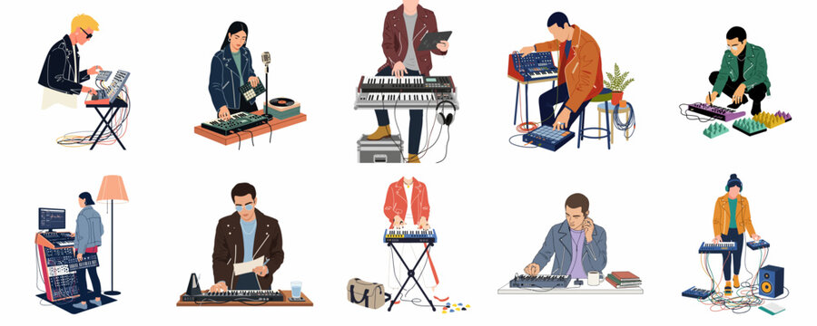 Collection of diverse people playing and producing electronic music using synthesizers, MIDI controllers, and professional studio equipment in a flat illustration style.
