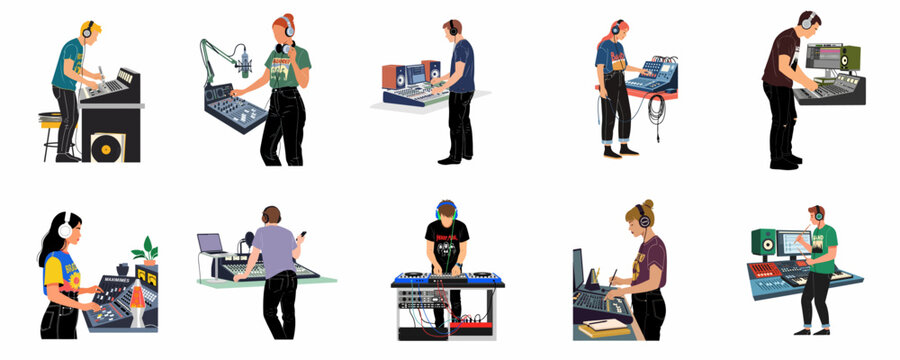 Vector Illustration Set of Diverse Music Producers, Sound Engineers, and DJs Working with Professional Audio Equipment in Studio Environments