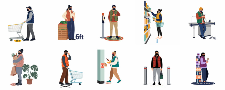 Set of flat vector illustrations depicting people wearing face masks and practicing social distancing while shopping in a grocery store during the pandemic.