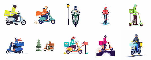 Fototapeta premium Set of delivery couriers on scooters and mopeds delivering food and packages in various weather conditions and environments, flat vector illustration.
