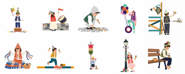 Fototapeta premium Set of Children in Traditional Folk Costumes Celebrating Festivals and Playing with Toys in a Whimsical Flat Illustration Style