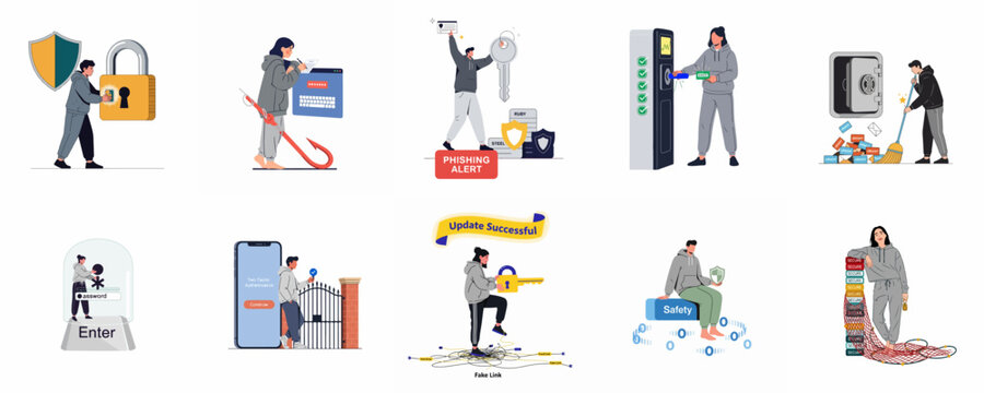Set of flat illustrations representing various aspects of cybersecurity, including phishing alerts, two-factor authentication, data safety, and secure digital access.