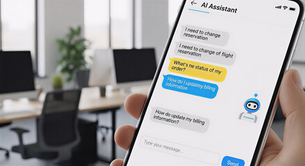 Obraz premium A smartphone displays an AI assistant chatbot interface, featuring a conversation about changing reservations and updating billing information