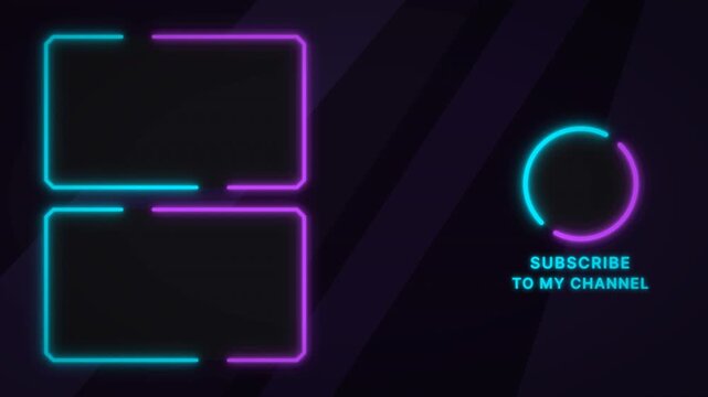 Futuristic neon glowing end screen with subscribe button and placeholders for videos