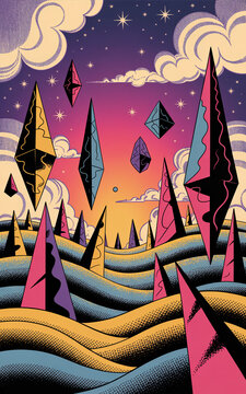 A surrealistic landscape illustration rendered in the bold style of 1970s psychedelic underground comics, featuring a chaotic array of abstract geometric structures scattered across rolling hills