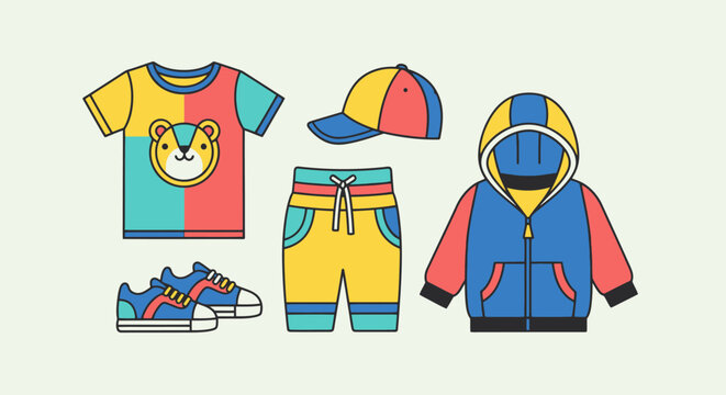Colorful kids clothing set with hoodie shorts t shirt cap and sneakers