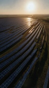 Cinematic drone orbit around a massive solar farm during golden hour, panels reflecting warm sunlight