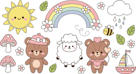 Fototapeta premium Adorable Pastel Illustration Set with Cute Bears, Sheep, Rainbow, Sun, Flowers, and Mushrooms for Children's Art
