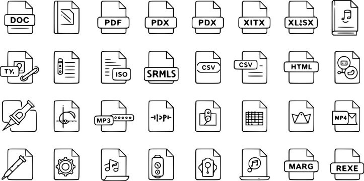 Hand-Drawn File Type Icons Set. Outline Doodle Collection for Document Formats, Audio, Video, Web, and Data Files like PDF, DOC, MP3, MP4, HTML, CSV, XLSX.