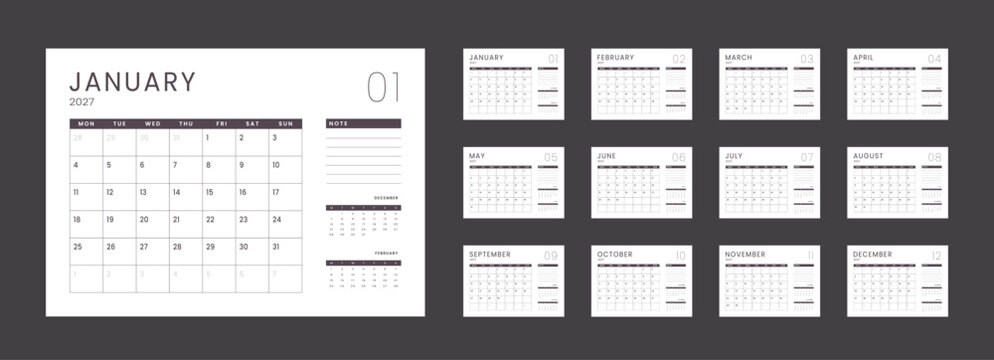 Set 12 Pages Monthly Calendar Planner Templates 2027 year with note. Vector mockup of wall, desktop calendar organizer grid ready print. Week starting on Monday. Page schedule size A4 - 21x29.7 cm
