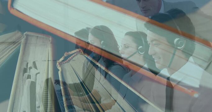 Headset agents shifting in business calldesk orange band sliding, piano book overlay guiding focus