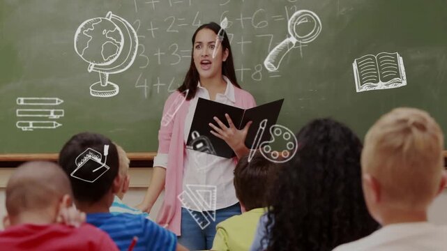 Teacher stepping forward after student raising hand, girl writing math on board, doodles overlaying