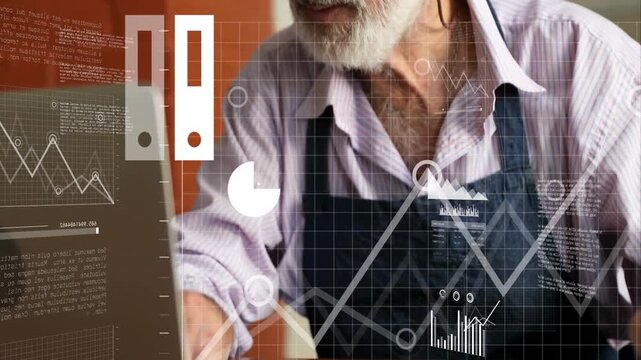 Owner glancing at laptop and typing while data charts, cloud overlaying ledger for business