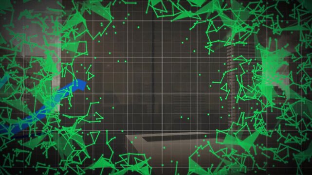 Vertical video: Edge green dots sparking frame while skyline grid tracing blue lines showing growth