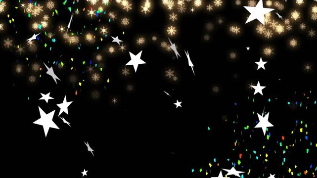 Particle animation on play sending gold glows, stars and confetti, forming design backdrop