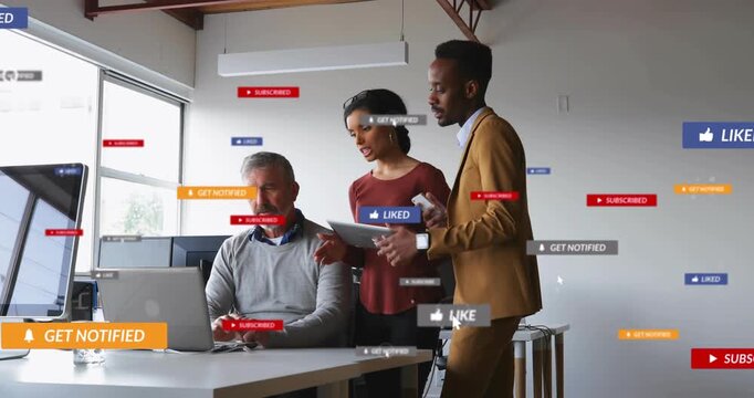 After posting man sitting at laptop with two peers pointing as badges appearing showing engagement