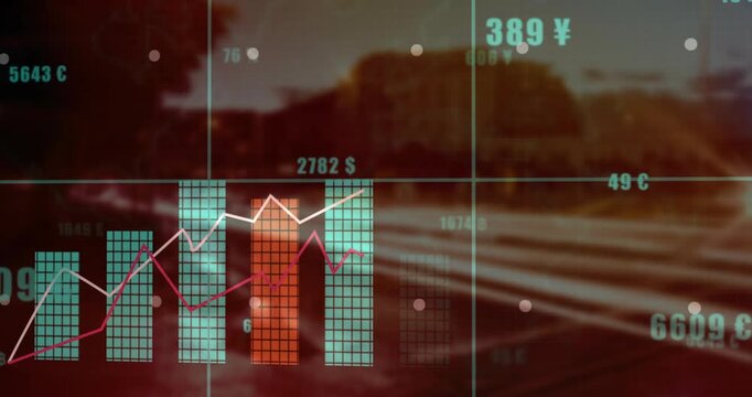 Live data driving finance HUD over blurred road, growing bars, plotting trends, updating fx values