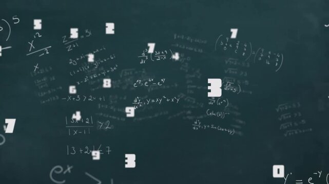On start number tiles rising from chalkboard, clustering, emphasizing math, then dispersing back