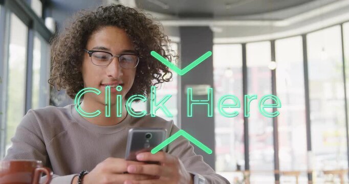 Adult man tapping smartphone at cafe window, engaging marketing overlay Click Here and smiling