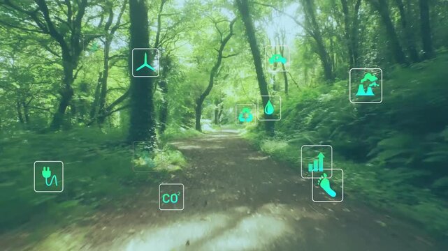 Camera traveling along forest trail, teal icons appearing, shifting parallax, showing eco metrics
