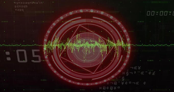 Central red HUD pulsing and rotating as left counter counting, waveform peaking to show activity