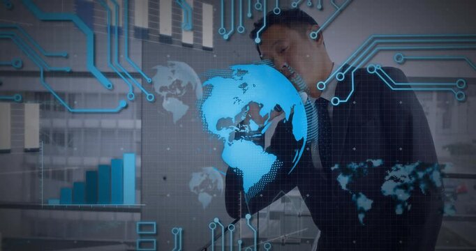 Phone call starting holo globe rotating while midadult Asian exec gesturing and showing global data
