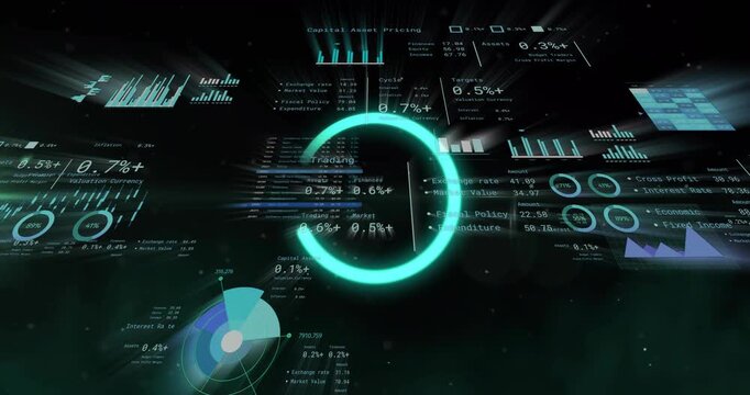 Neon ring appearing, rotating and filling clockwise, driving financial HUD panels updating data