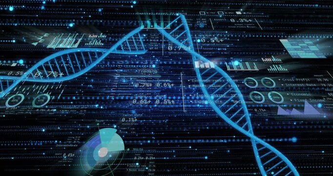 Two cyan DNA helices entering upper-left, sweeping across HUD, crossing and visualizing biomedical