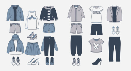 Naklejka premium Blue and grey clothing and shoes for women outfit ideas and fashion elements