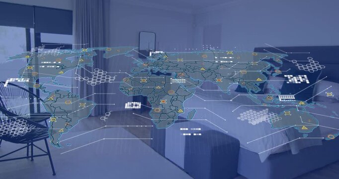 Map overlay appearing on play over bedroom, clear layer forming hex pulsing nodes showing tech data