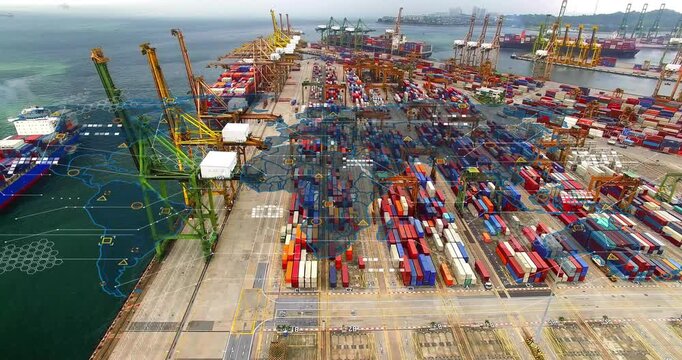 Container terminal showing container stacks and cranes, overlay spreading from water mapping routes