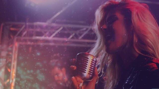 Female singer starting vocal line, pulling camera close, singing into vintage mic for performance