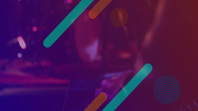Keyboard hands starting pullback, revealing band, singer at mic performing, animated overlay moving