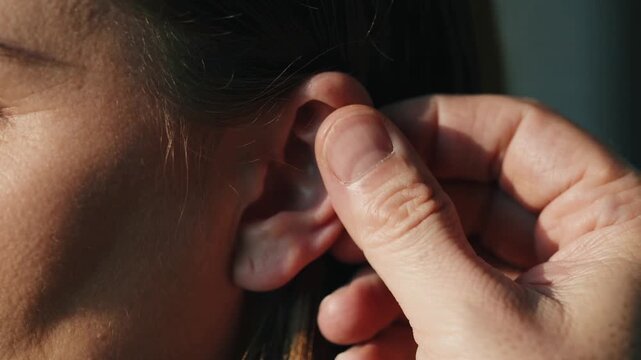 Female patient receiving help, hand approaching ear and inserting earbud for health fit