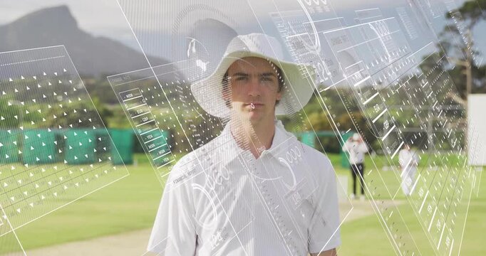 At start, cricket player facing camera on pitch, HUD sweeping over face and torso, showing stats