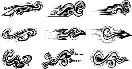 Fototapeta premium Black and White Hand Drawn Swirl Design Elements: Winds, Arrows, and More