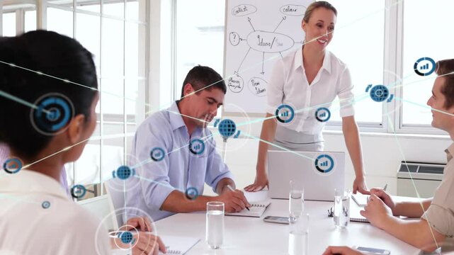 Starting talk, woman in blouse explaining mindmap to connect team at table, network overlay growing