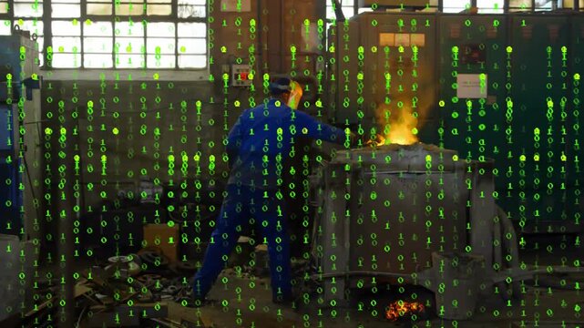 Reacting to sparks, foundry worker blue coveralls leaning, adjusting furnace molten metal with rod