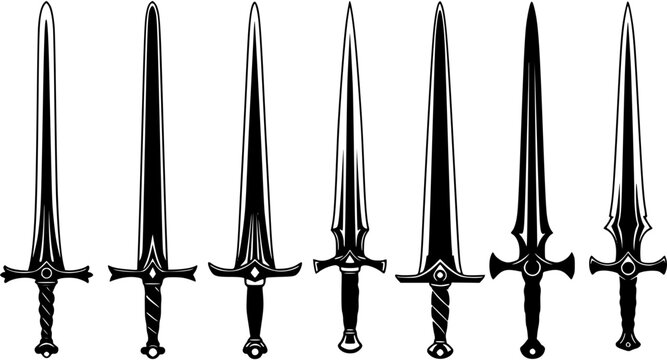 Vector Silhouette Medieval Fantasy Swords Collection. Detailed Graphic Set of Eight Ancient Weapon Designs with Varying Blades, Guards, and Pommels.