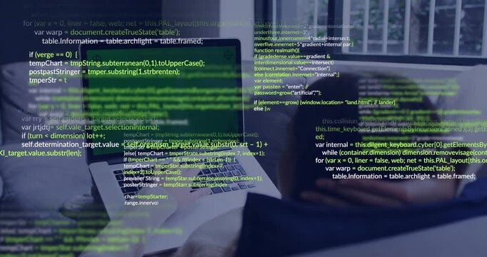 Woman on sofa reviewing code, typing laptop causing green code overlay growing across frame