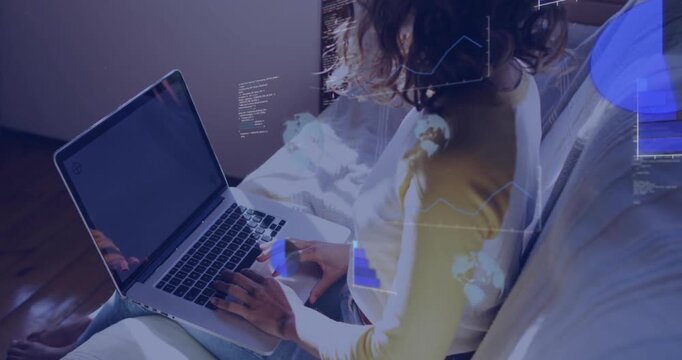 Woman typing laptop while tech HUD with charts and code building around laptop, wall aiding work