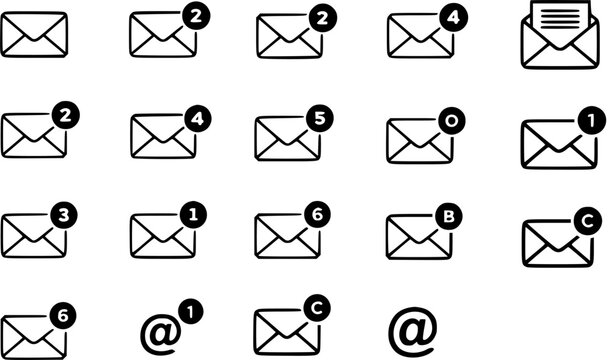 Hand-drawn Sketch Style Email and Message Icons Collection: Envelopes with Notification Badges (Numbers, Letters, Zero)   Symbol for New Mail, Unread Messages, or Email Accounts